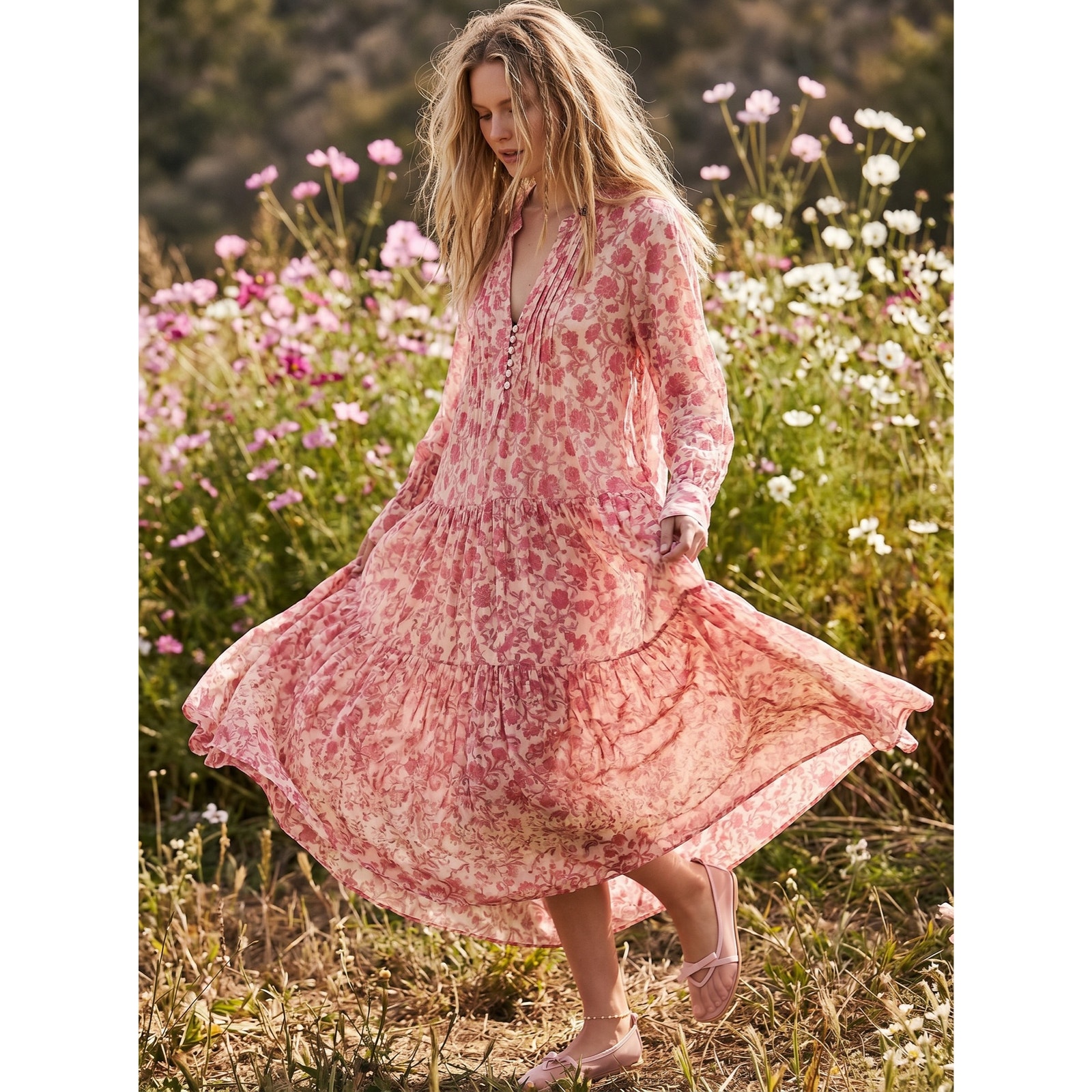 Free People Dainty Ethereal See It Through Maxi Dress Pink Rose Floral Medium